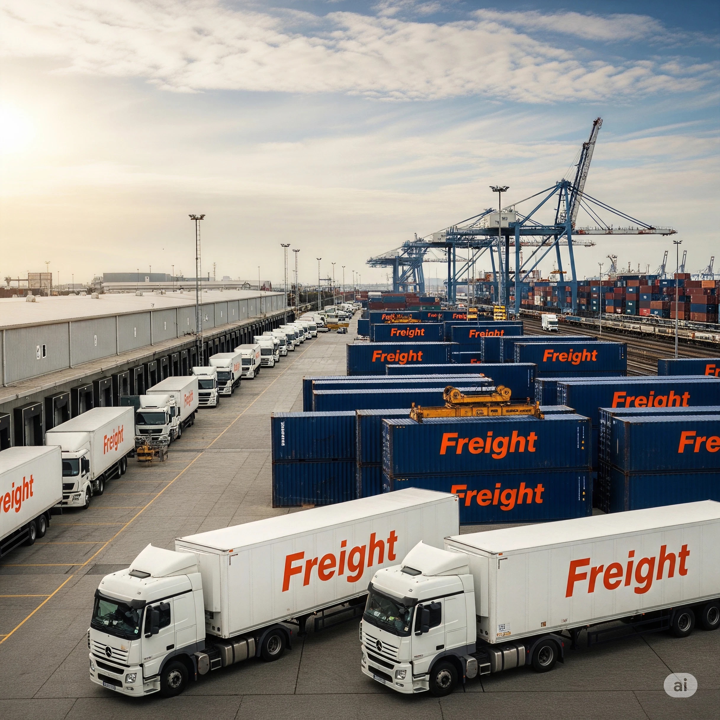 Trucks and containers on a working freight terminal