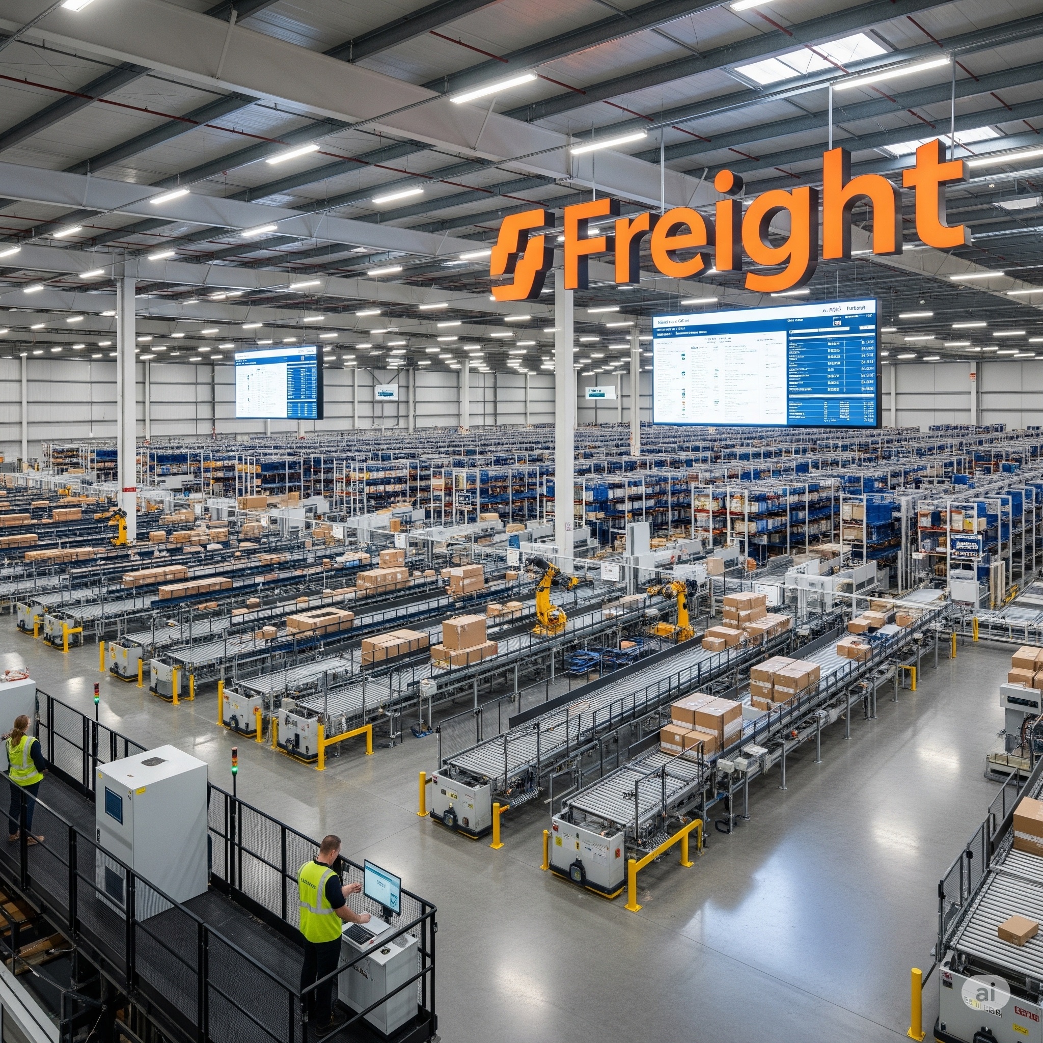 Warehouse floor with conveyor lines and cargo staging