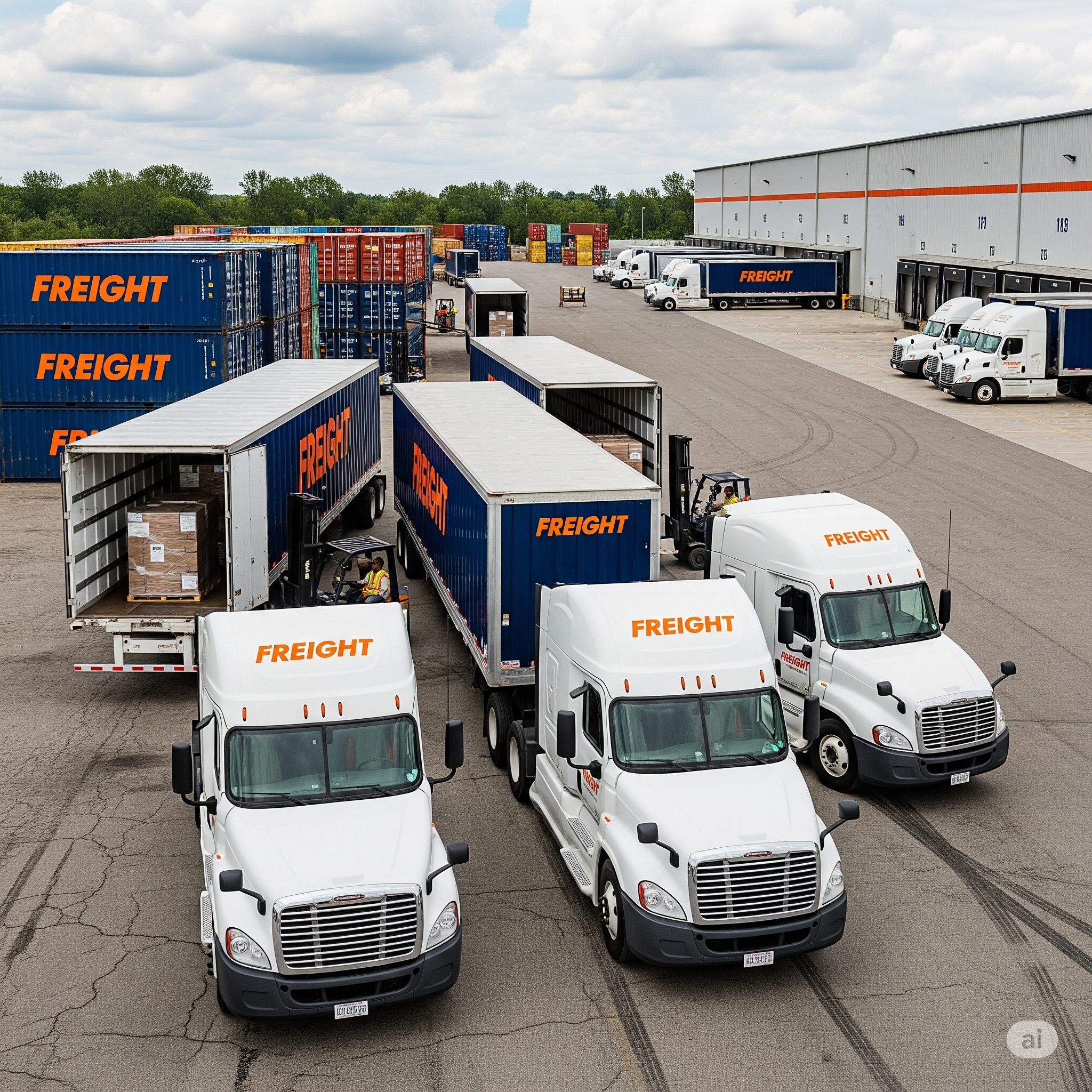 Trucks staged at a freight yard